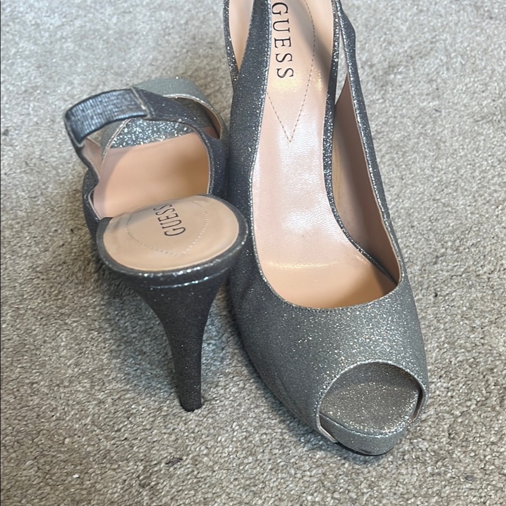 GUESS Women's Silver Peep Toe Heels - Picture 2 of 6
